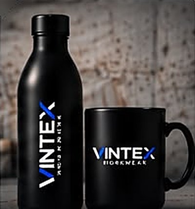 Black Vintex water bottle and mug
